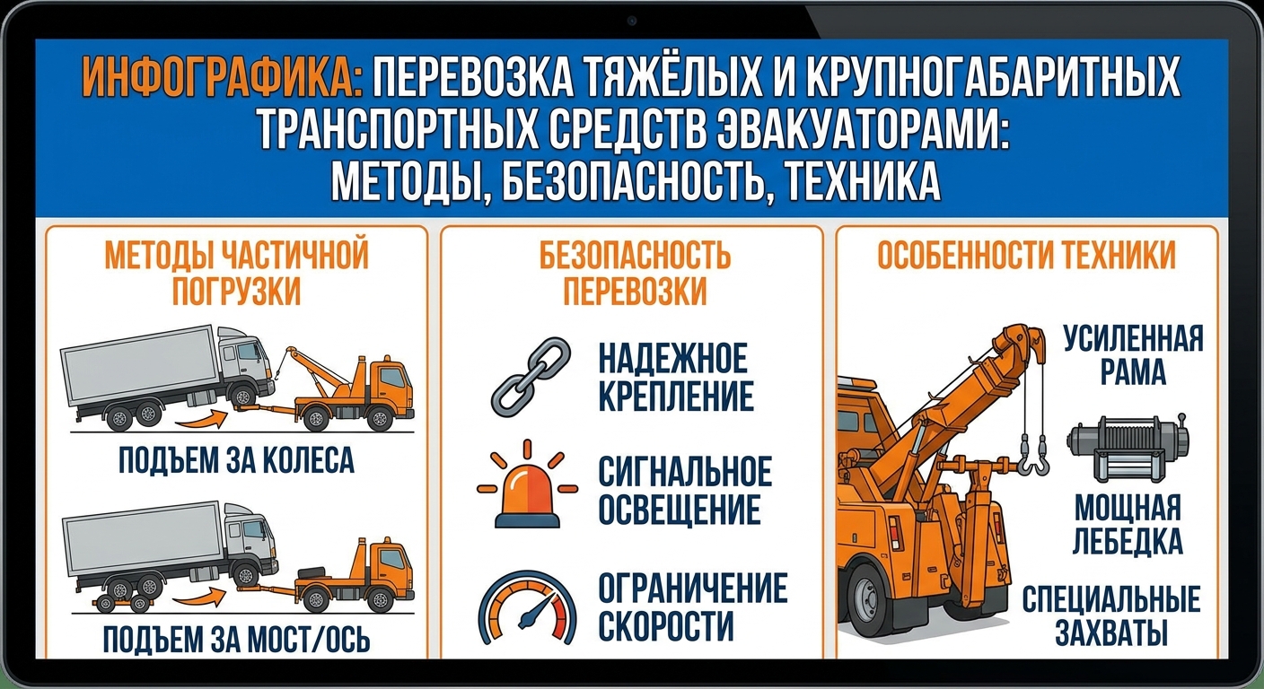 Перевозка тяжёлых и крупногабаритных транспортных средств эвакуаторами: методы частичной погрузки, безопасность и особенности техники
